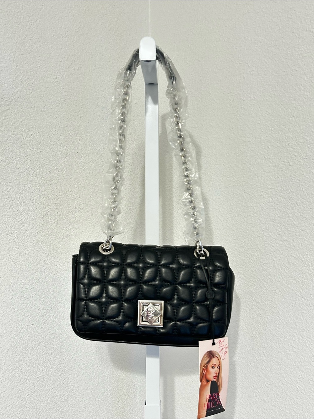 Paris Hilton Madison Black Vegan Leather Quilted Crossbody Bag with Chain Strap